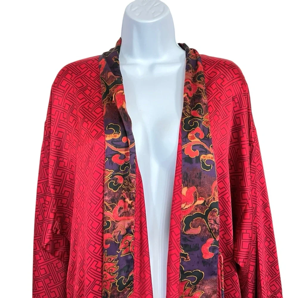 Natori Belted Satin Kimono Robe Womens M Dark Red Floral Accent Greek Key Print